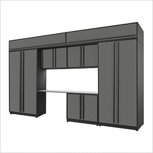 Proslat Garage Cabinets 8-Piece Glossy Grey Cabinet Set with Black Handles and Stainless Steel Worktop