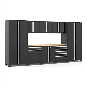 NewAge Garage Cabinets PRO Series Black 9-Piece Set with Bamboo Top and LED Lights