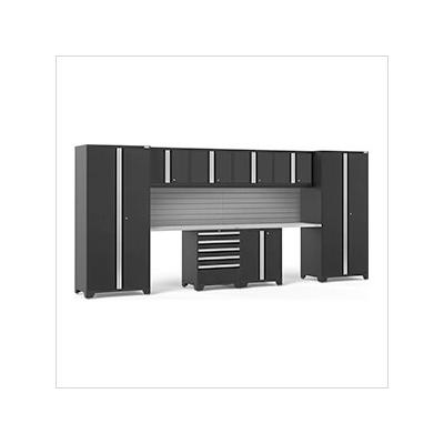 NewAge Garage Cabinets PRO Series Black 10-Piece Set with Stainless Steel Top and Slatwall