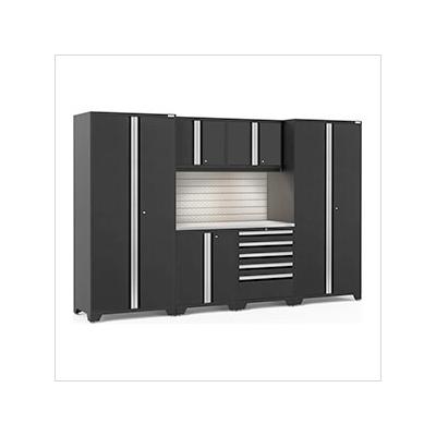 NewAge Garage Cabinets PRO Series Black 7-Piece Set with Stainless Steel Top, Slatwall and LED Lights