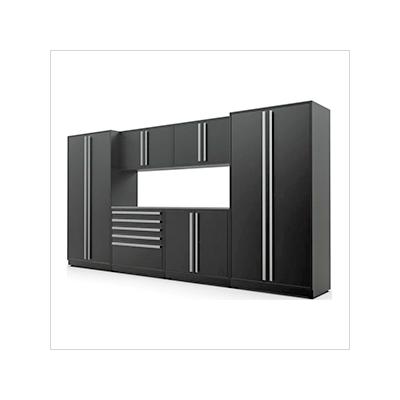 Proslat Garage Cabinets 7-Piece Mat Black Cabinet Set with Silver Handles and Stainless Steel Worktop