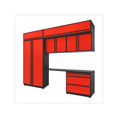 Proslat Garage Cabinets 7-Piece Glossy Red Cabinet Set with Black Handles and Powder Coated Worktop