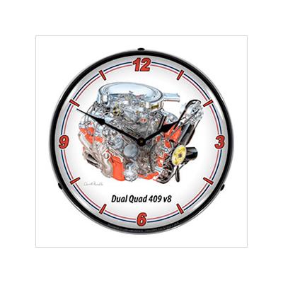 Collectable Sign and Clock Dual Quad 409 V8 Engine Backlit Wall Clock