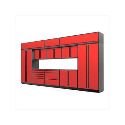 Proslat Garage Cabinets 13-Piece Glossy Red Cabinet Set with Black Handles and Stainless Steel Worktop