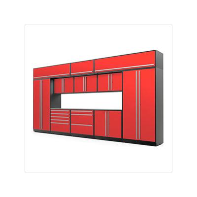 Proslat Garage Cabinets 13-Piece Glossy Red Cabinet Set with Silver Handles and Stainless Steel Worktop