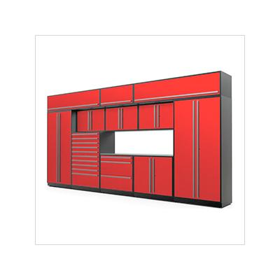 Proslat Garage Cabinets 12-Piece Glossy Red Cabinet Set with Silver Handles and Stainless Steel Worktop