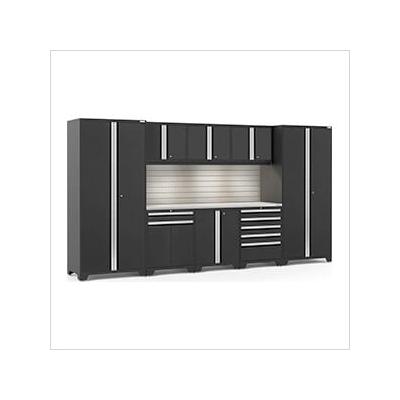 NewAge Garage Cabinets PRO Series Black 9-Piece Set with Stainless Steel Top, Slatwall and LED Lights