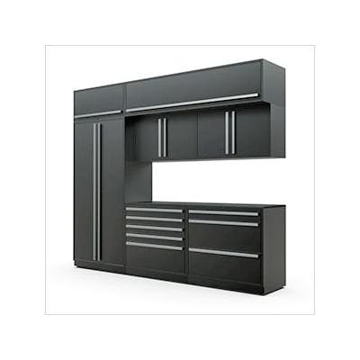 Proslat Garage Cabinets 8-Piece Mat Black Cabinet Set with Silver Handles and Powder Coated Worktop