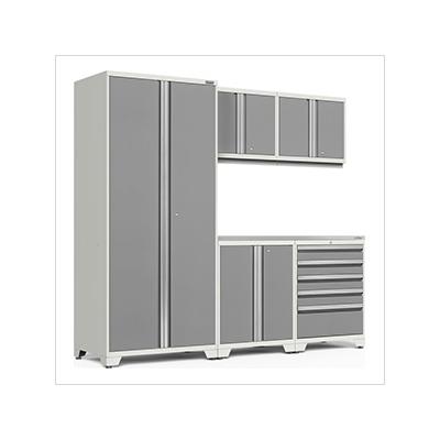 NewAge Garage Cabinets PRO Series Platinum 6-Piece Set with Stainless Steel Top and LED Lights