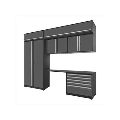 Proslat Garage Cabinets 7-Piece Glossy Grey Cabinet Set with Silver Handles and Powder Coated Worktop