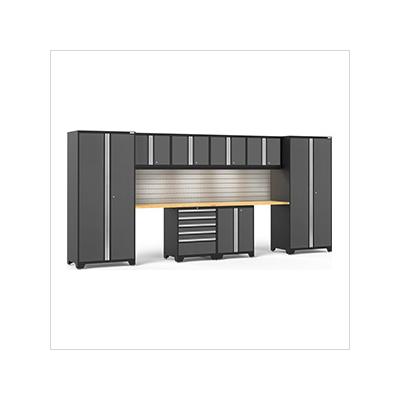 NewAge Garage Cabinets PRO Series Grey 10-Piece Set with Bamboo Top, Slatwall and LED Lights