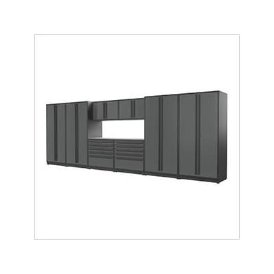 Proslat Garage Cabinets 9-Piece Glossy Grey Cabinet Set with Black Handles and Stainless Steel Worktop