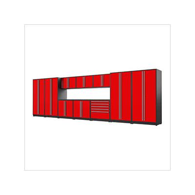 Proslat Garage Cabinets 12-Piece Glossy Red Cabinet Set with Silver Handles and Powder Coated Worktop