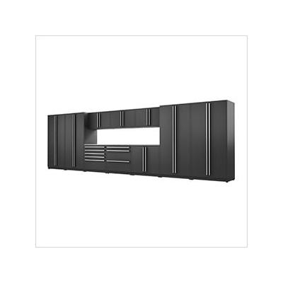 Proslat Garage Cabinets 12-Piece Mat Black Cabinet Set with Silver Handles and Stainless Steel Worktop