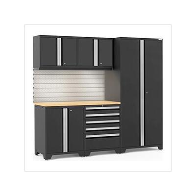 NewAge Garage Cabinets PRO Series Black 6-Piece Set with Bamboo Top, Slatwall and LED Lights