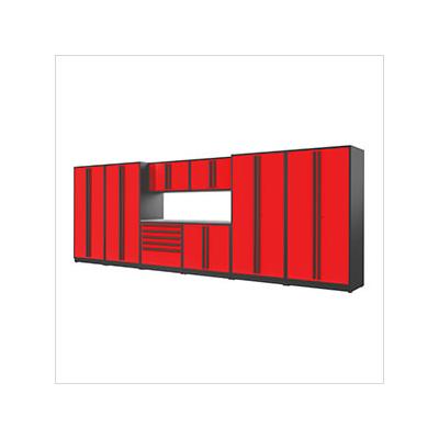 Proslat Garage Cabinets 9-Piece Glossy Red Cabinet Set with Black Handles and Stainless Steel Worktop
