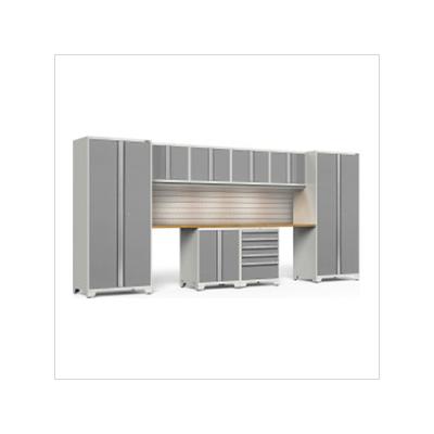 NewAge Garage Cabinets PRO Series Platinum 10-Piece Set with Bamboo Tops, Slatwall and LED Lights