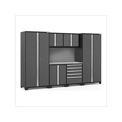 NewAge Garage Cabinets PRO Series Grey 7-Piece Set with Stainless Steel Top and Slatwall