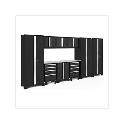 NewAge Garage Cabinets BOLD Series Black 10-Piece Set with Stainless Steel Top and LED Lights