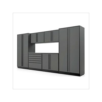Proslat Garage Cabinets 7-Piece Glossy Grey Cabinet Set with Black Handles and Stainless Steel Worktop