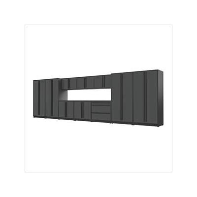 Proslat Garage Cabinets 12-Piece Glossy Grey Cabinet Set with Black Handles and Powder Coated Worktop