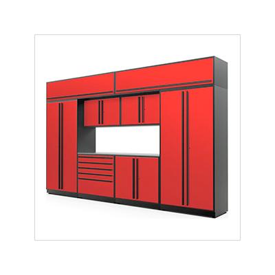 Proslat Garage Cabinets 9-Piece Glossy Red Cabinet Set with Black Handles and Stainless Steel Worktop