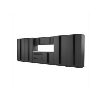 Proslat Garage Cabinets 9-Piece Mat Black Cabinet Set with Black Handles and Stainless Steel Worktop