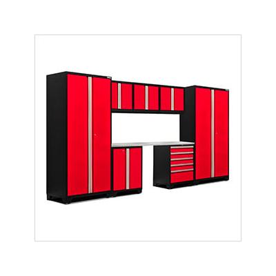 NewAge Garage Cabinets PRO Series Red 8-Piece Set with Stainless Steel Top and LED Lights