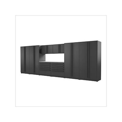 Proslat Garage Cabinets 9-Piece Mat Black Cabinet Set with Black Handles and Stainless Steel Worktop