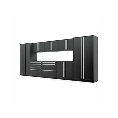 Proslat Garage Cabinets 10-Piece Mat Black Cabinet Set with Silver Handles and Stainless Steel Worktop