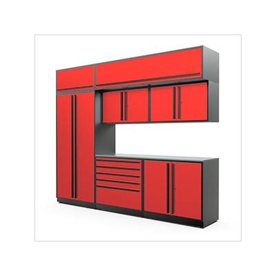 Proslat Garage Cabinets 8-Piece Glossy Red Cabinet Set with Black Handles and Stainless Steel Worktop