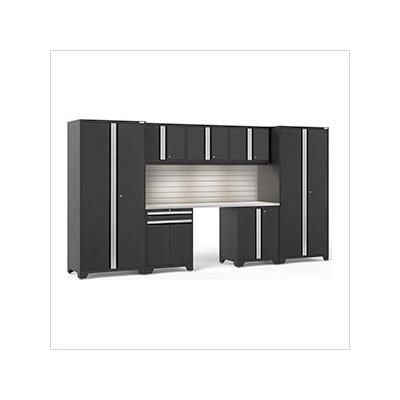 NewAge Garage Cabinets PRO Series Black 8-Piece Set with Stainless Steel Top, Slatwall and LED Lights