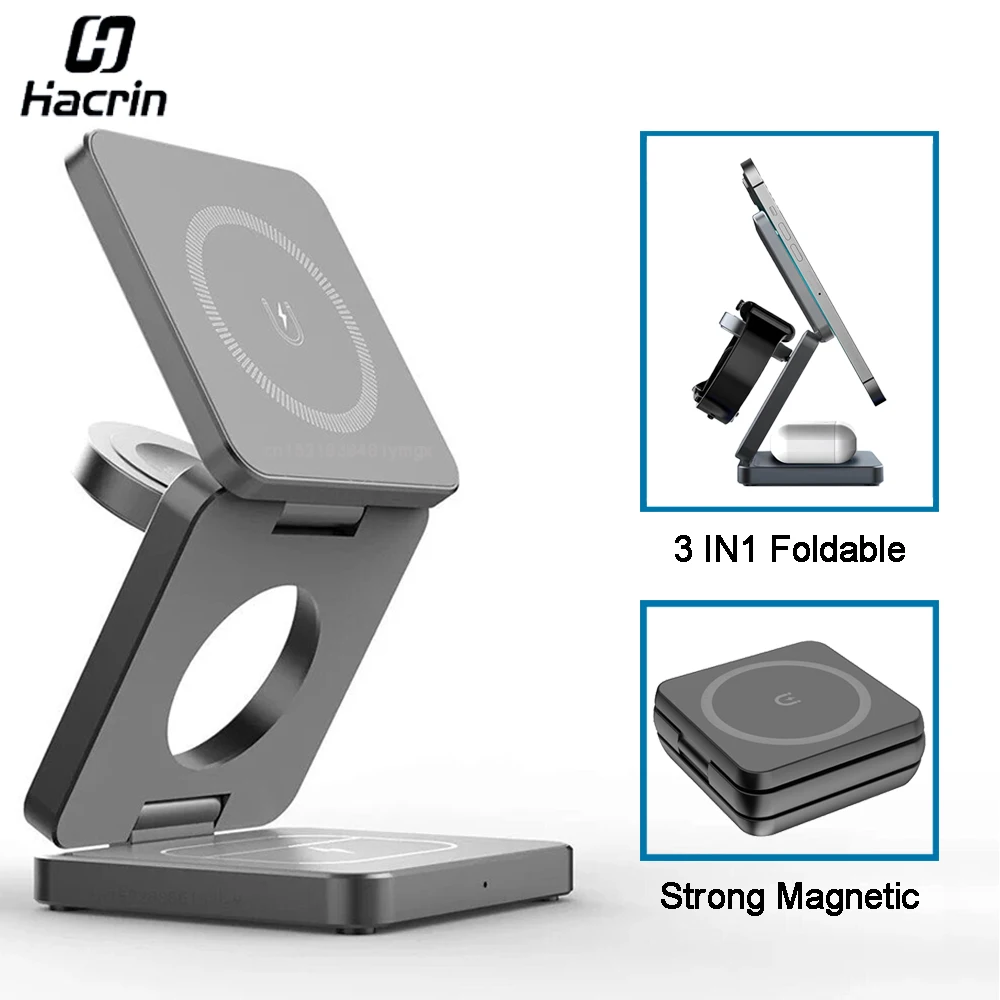 Kabelloses Ladegerät, 3-in-1, faltbare magnetische kabellose Ladestation für iPhone 15 14 13 12 Pro Max, Apple Watch 8 9 Ladegerät Image