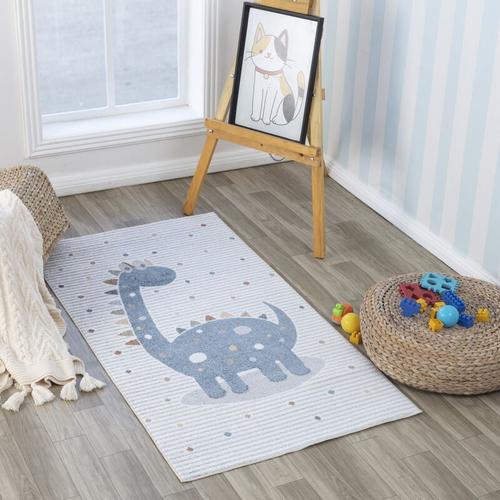 Teppich für Kinder Waschbar Kinderzimmer Spielteppich Dino Design Pastell Creme Blau Weiß 80 x 150