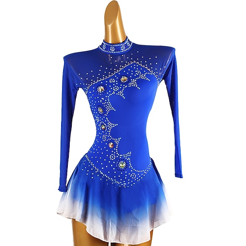 Eiskunstlaufkleid Damen Mädchen Eislaufen Kleider Königsblau Patchwork Rückenfrei Gitter Spandex Hochelastisch Ausbildung Praxis Professionell Eiskunstlaufkleidung Klassisch Kristalle Langarm Image
