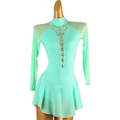 Figure Skating Dress Women's Girls' Ice Skating Dress Green Patchwork Open Back Mesh Spandex High Elasticity Training Practice Professional Skating Wear Classic Crystal / Rhinestone Long Sleeve Ice