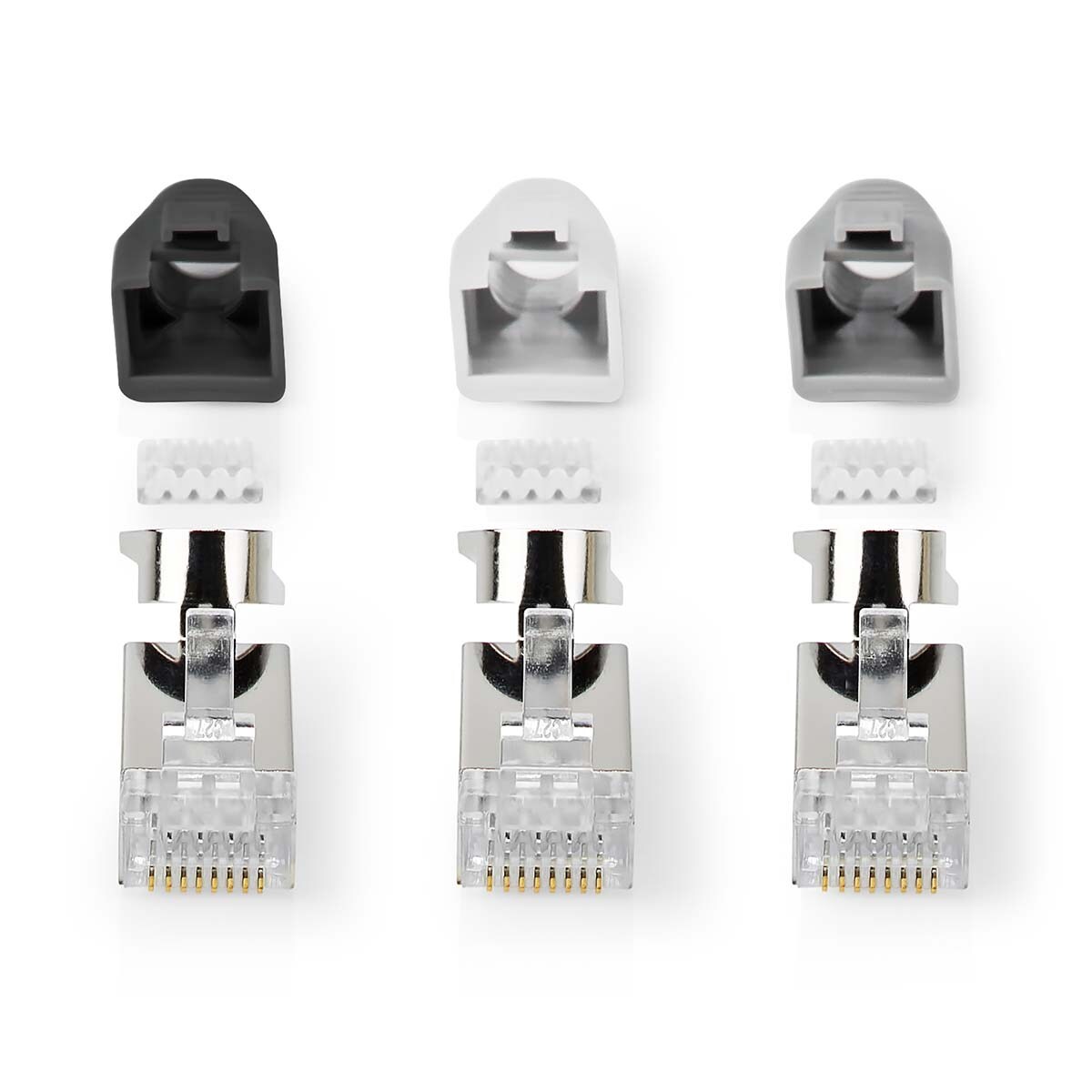 Nedis RJ45-Stecker - RJ45 Pass Through - Festes/verseiltes FTP CAT7 - Gerade - Vergoldet - 10 Stück - Polycarbonate - Grau / Schwarz / Weiss - Box Image