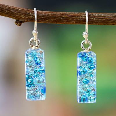 Crystalline Sky,'Icy Blue Dichroic Art Glass Dangle Earrings with Hooks'