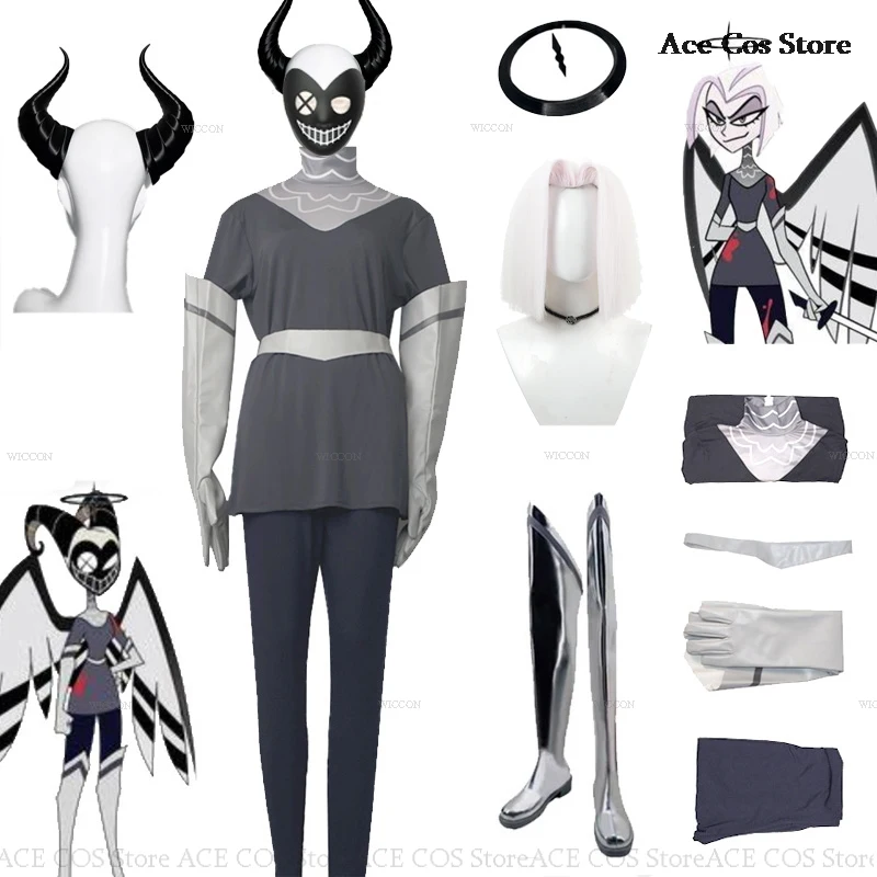 Hazbin Laute Perücke Halo Engel Cosplay Kostüm Schuhe Hotel Kampf Stiefel Halloween Karneval Party Silber Farbe Anime Cosplay Prop