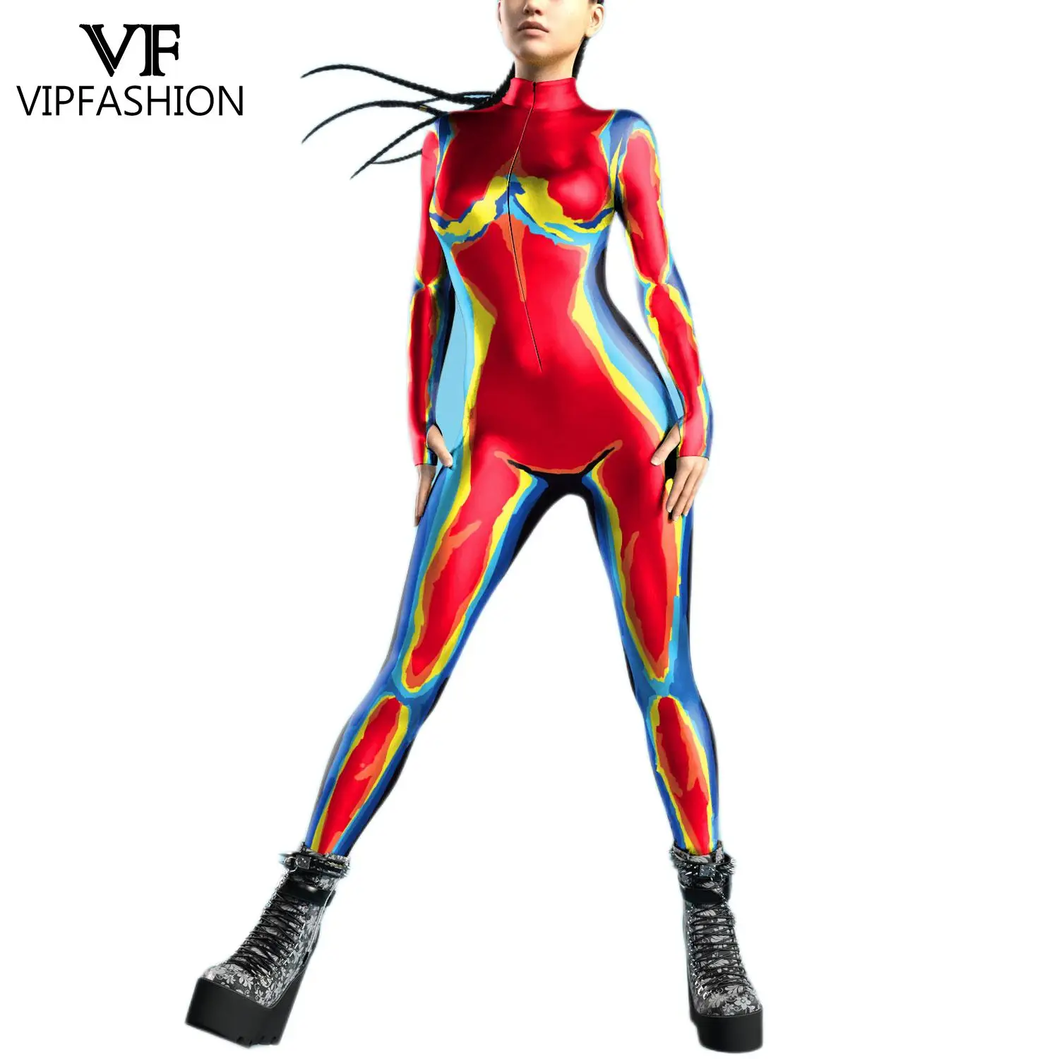 VIP Mode bunte Zentai Bodysuit Daumen Ärmel Cosplay Kostüm Front Reiß verschluss Overall brennenden Mann Festival Outfit für Frau Image