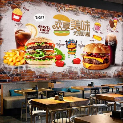 Nach Wandbild Tapete 3D Hand Gemalt Ziegel Wand Köstliche Burger Fast Food Restaurant Werkzeug Image