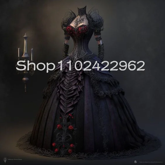 Schwarz rot Rose Gothic Ballkleid Ballkleider mit Puff ärmeln Halloween Maskerade Trubel Korsett Cosplay Abendkleid Image