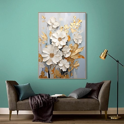 handgemaltes strukturiertes Ölgemälde mit goldenen Blumen, Wandkunst, abstraktes weißes Blumengemälde auf Leinwand, minimalistisches modernes Blumenölgemälde für Wohnzimmer, elegante Wanddekoration, Image