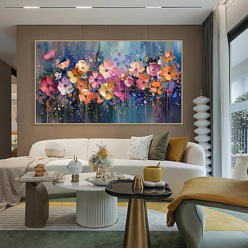 Strukturiertes Blumenölgemälde auf Leinwand, handgefertigt, farbenfrohe Landschaftskunst, Szenenmalerei, modernes Ölgemälde für Wohnzimmer-Wanddekoration Image