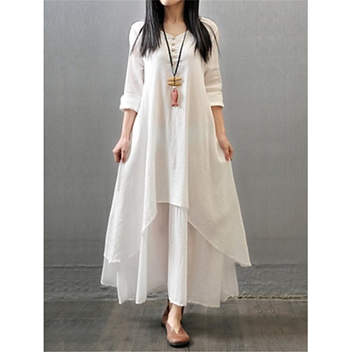 Damen Maxikleid Kunstbaumwollleinen Shiftkleid Weißes Kleid Freizeitkleid Basic Modern Täglich Wochenende Lässiger Schnitt Einfach Langarm V Ausschnitt Schwarz Weiß Gelb Sommer Frühling Image
