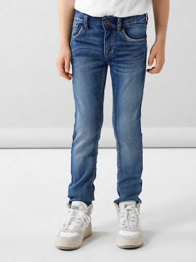 Slim-fit-Jeans NAME IT "NKMTHEO XSLIM SWE JEANS 3113-TH NOOS", Jungen, Gr. 110, N-Gr, blau (denim blau), Denim/Jeans, Obermaterial: 70% Baumwolle, 27% Polyester, 3% Elasthan, unifarben, Modisch, slim fit, Jeans Image