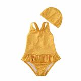 JWZUY Toddler Girls Cute Sleeveless One Piece Polka Dot Ruffle Layer Swimsuit with Hat Beachwear Swimwear Bathing Suit Yellow 4-5 Years