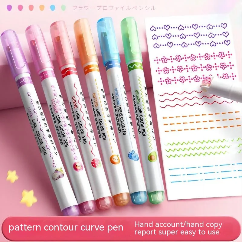 Kawaii Flowers Line Shaped Textmarker, Rollenspitze, Curve Liner, Marker zum Schreiben, Journaling, Zeichenpapier, 6-teiliges Set Image