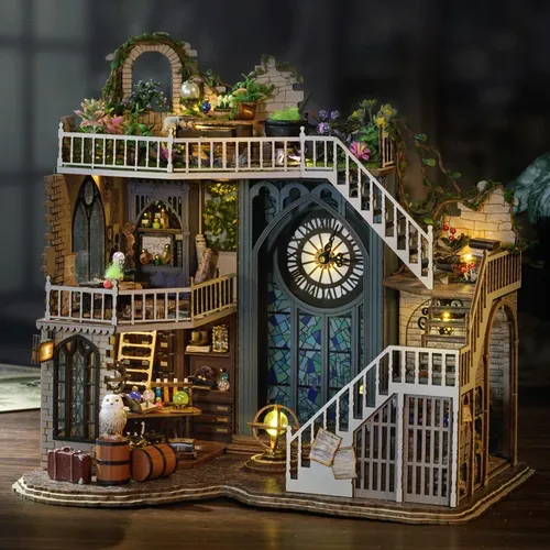 DIY Holzpuppe nhaus Magic Academy Miniatur Puppenhaus Kit mit Möbeln LED Lichter magische Kathedrale