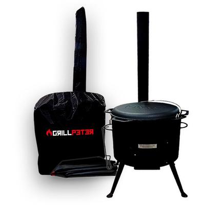 Grillpeter - Utschak Set mit Kasan 15L mit Schornstein Abdeckhaube Schüreisen - schwarz